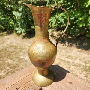 Vintage Etched Brass Pitcher with Intricate Etched Design Of Reds And Blues